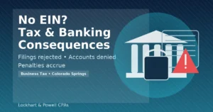 Bank building with padlock and red warning icon illustrating how lacking an EIN leads to rejected business tax filings and denied bank accounts.